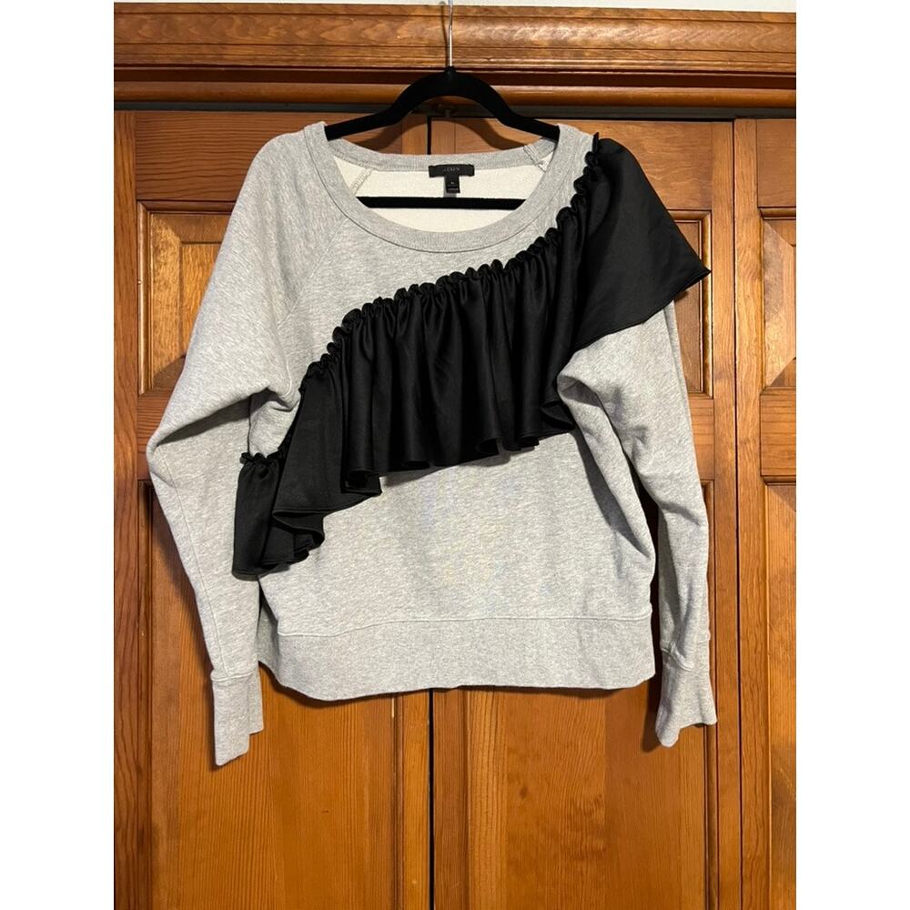J. Crew Women's Asymmetrical Ruffle Crewneck Sweatshirt in Light Grey Size XL - Picture 2 of 10